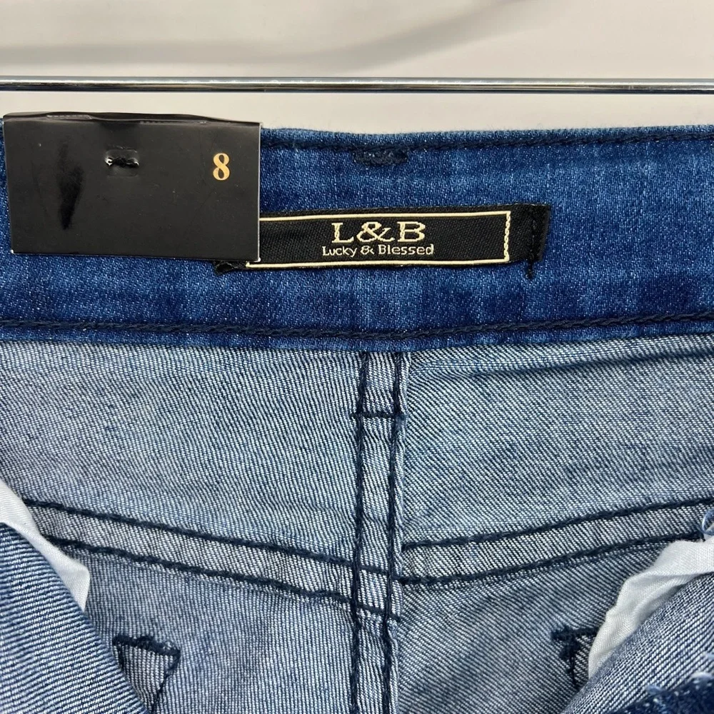 L&B Lucky & Blessed Sz 8 Bermuda Jean Leopard Patches Shorts NWT